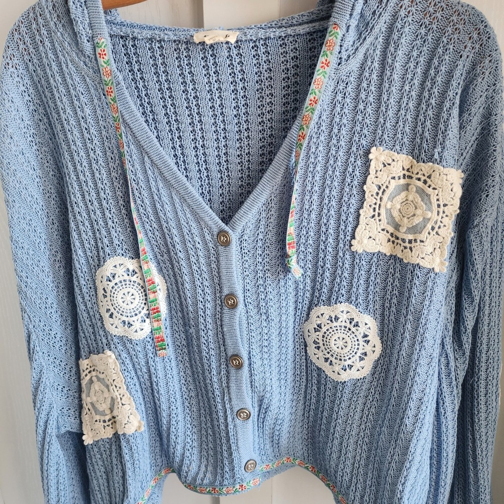 POL Lace Doily Patch Crochet Hooded Grannycore Cardigan RARE Sweater Blue Size S